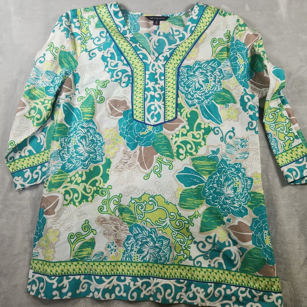 Brooks Brothers 346 Women's Top Tunic Size‎ XL Cotton Vneck 3/4 Sleeve Floral